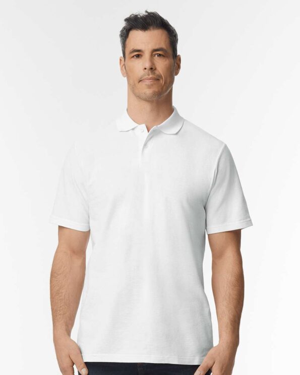 alt="Gildan polo shirt, red color, with three-button collar"