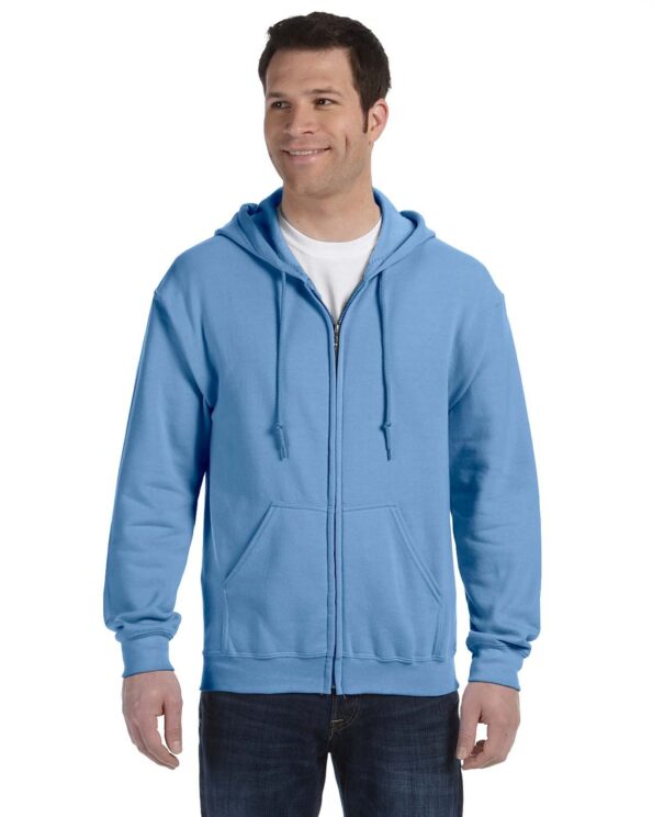 alt="Gildan full-zip hoodie, blue color, ideal for cold weather"