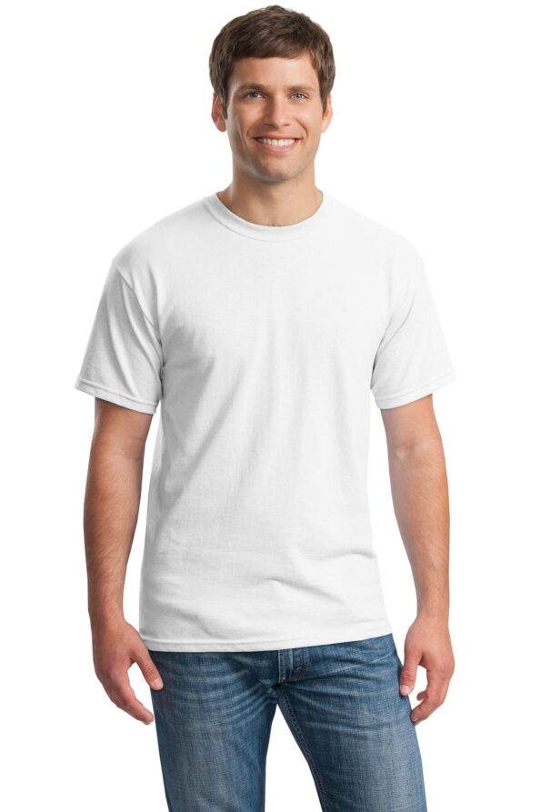 alt="Gildan sublimation t-shirt, white color, polyester and cotton blend"