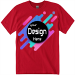 Bright red Gildan t-shirt with custom screen-printed graphics for a promotional event.